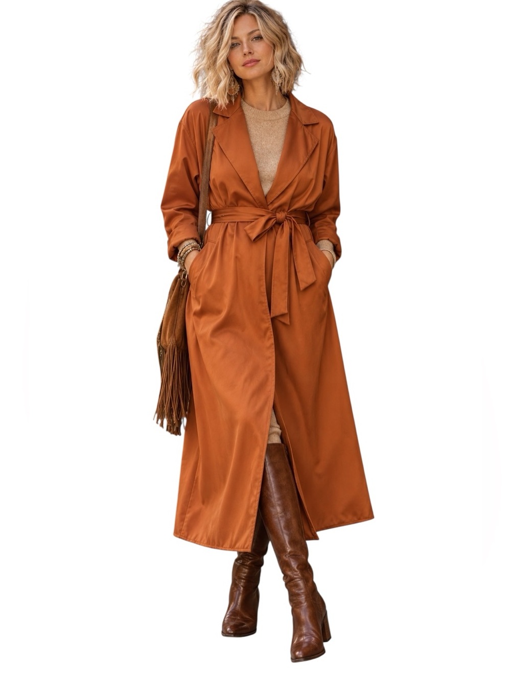 Camel Tie front long rolled sleeve Trench Coat